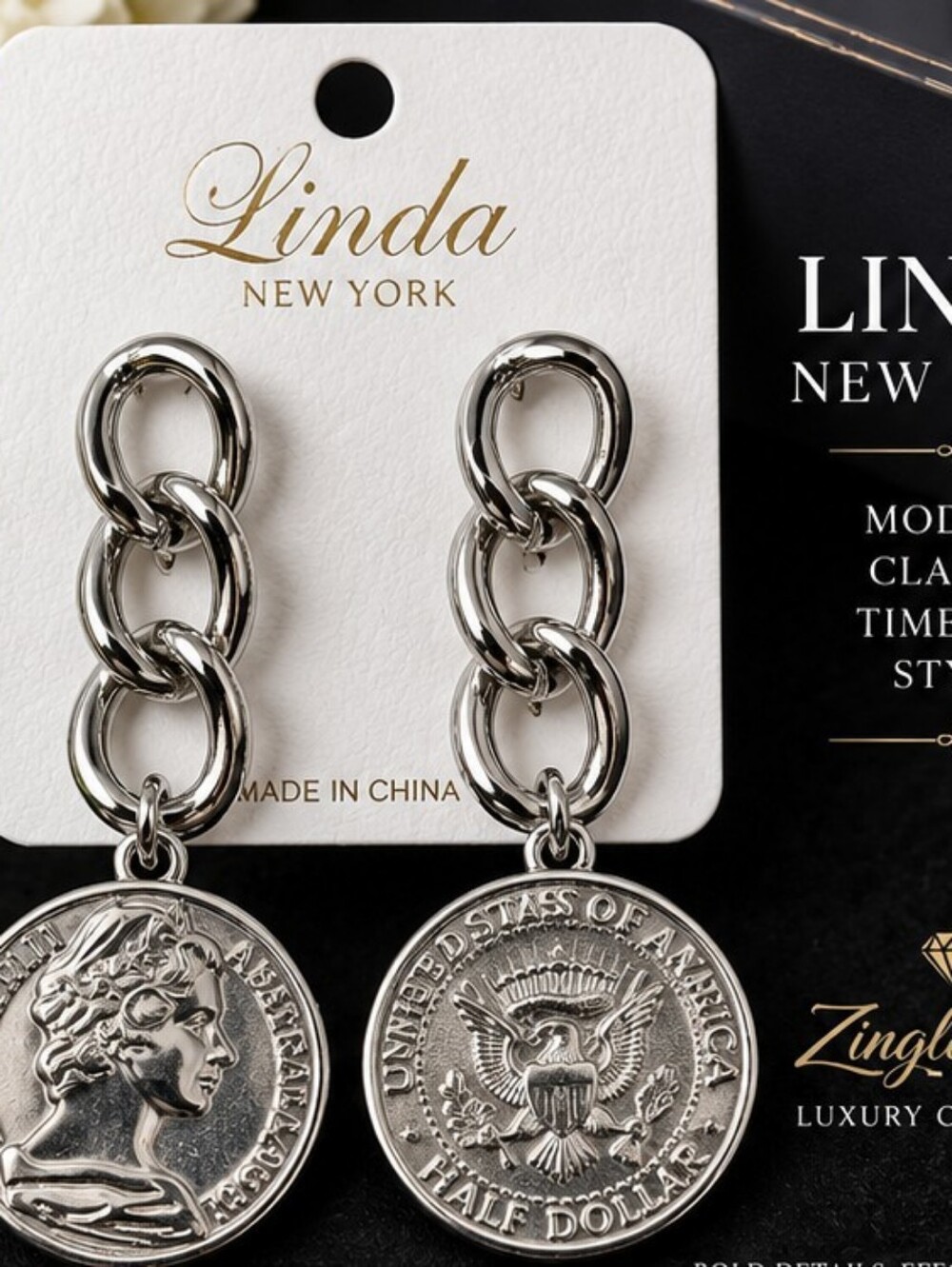 Linda New York Silver Tone Coin Medallion Drop Earrings NOC